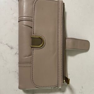 Fossil wallet.  GrayBeige.  Soft leather. Card slots & multiple zippered areas.